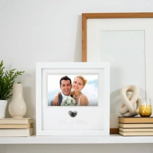 Wedding Couple Picture Frame with Mr & Mrs Print White Photo Holder for Newlyweds