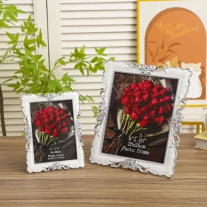White Carved Plastic Photo Frame with Ornate Scrollwork Elegant Lightweight Frame for Photos
