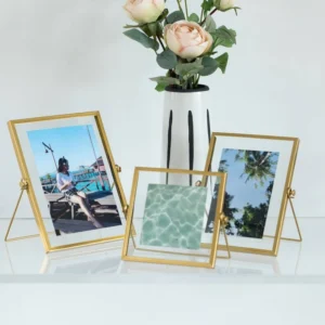 Wholesaler Glass and Brass Tabletop Photo Frame Double Glass Floating Flower Pressed Golden Picture Glass Frames