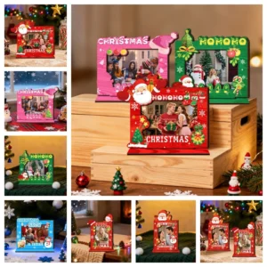 Wooden Christmas Desktop Photo Frame with UV Printing Cute Santa Design for Living Room Bedroom Decor Holiday Family Photos