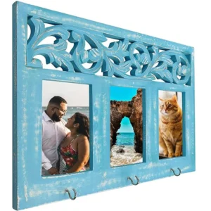 Wooden Family Picture Collage Photo Frame Multi Picture Frame With Hooks Hand Carved 3 Picture Openingsold Blue Hand
